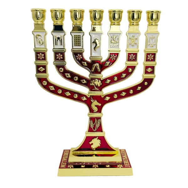 Gold Plated 7 Branch 12 Tribes Of Israel Blue Enamel Menorah - Image 4