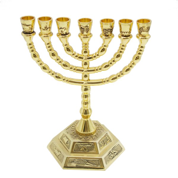 Gold Plated 12 Tribes of Israel Emblems 7 Branch Temple Menorah - Image 3